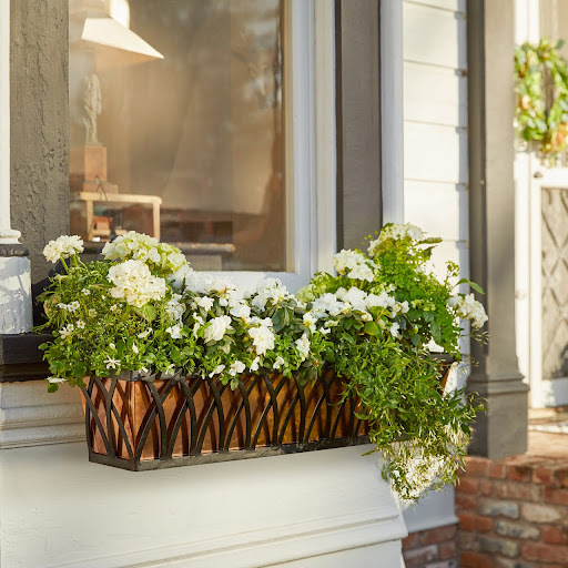 Tapered Arch Windowbox with white flowers